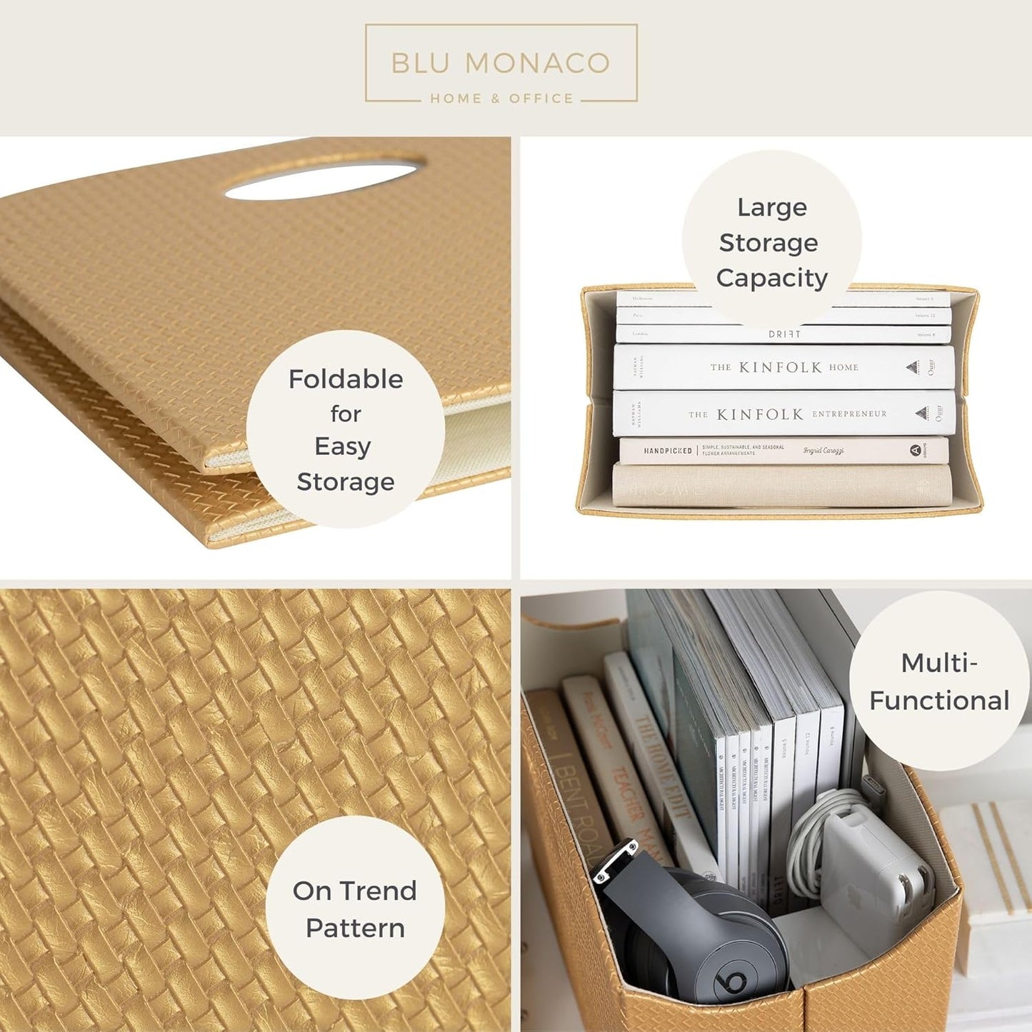 BLU MONACO Brown Woven Leather Magazine Holder Basket with Handles | Vertical File Organizer for Desk | File Folder Storage Bin for Office, Living Room or Bathroom