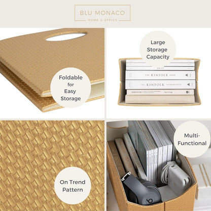 BLU MONACO Brown Woven Leather Magazine Holder Basket with Handles | Vertical File Organizer for Desk | File Folder Storage Bin for Office, Living Room or Bathroom