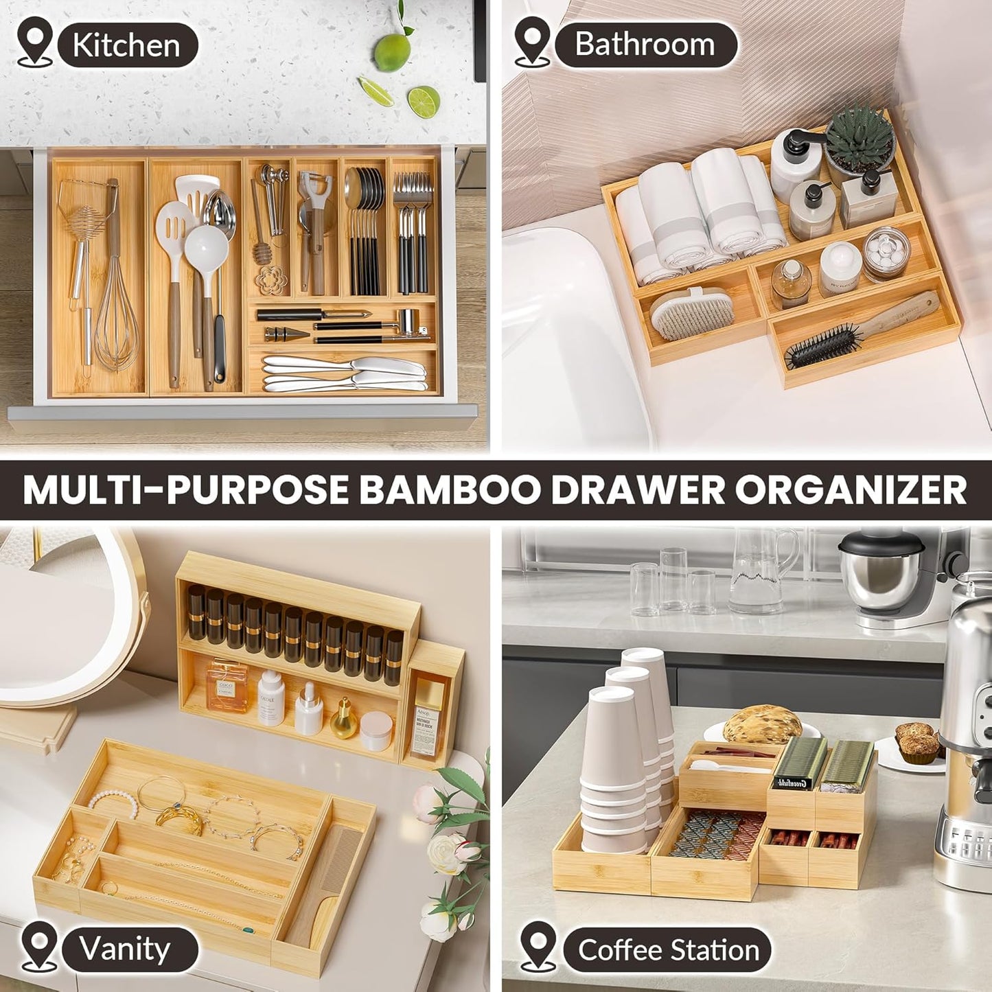 Kitchen Drawer Organizer Bins, Stackable Bamboo Drawer Organizer for Silverware, Flatware, Coffee Pod Organizer K Cup Holder for Countertop, 2 Pcs Coffee Station Organizer 12" x 6" x 2.5"