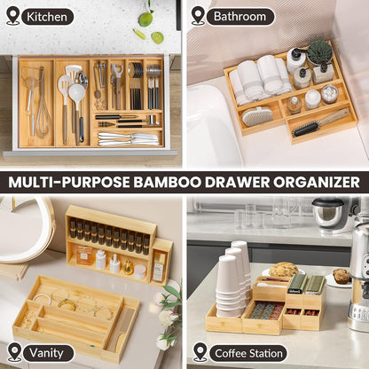 Kitchen Drawer Organizer Bins, Stackable Bamboo Drawer Organizer for Silverware, Flatware, Coffee Pod Organizer K Cup Holder for Countertop, 2 Pcs Coffee Station Organizer 12" x 6" x 2.5"