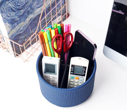Hennaja Round Leather Art Supply Organizer,Remote Control Holder,360 Degree Rotating,Multi-Functional Pencil Holder,4 Compartments Desktop Stationary Organizer(1-Blue Bird) - Colors B