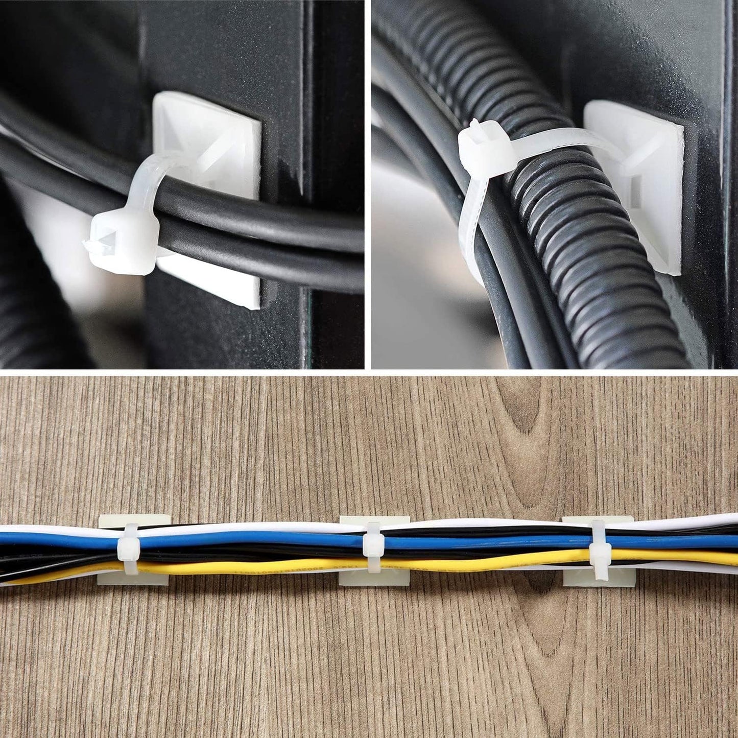 Strong Back-Glue Self Adhesive Cable Zip Tie Mounts Kit - 100 Set Cable Management Clips with 6" Zip Ties, Wire Holders - Outdoor Sticky Wire Organizer Clips-Black
