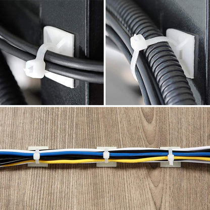 Strong Back-Glue Self Adhesive Cable Zip Tie Mounts Kit - 50 Set Cable Management Clips with 6" Zip Ties, Wire Holders - Outdoor Sticky Wire Organizer Clips-White