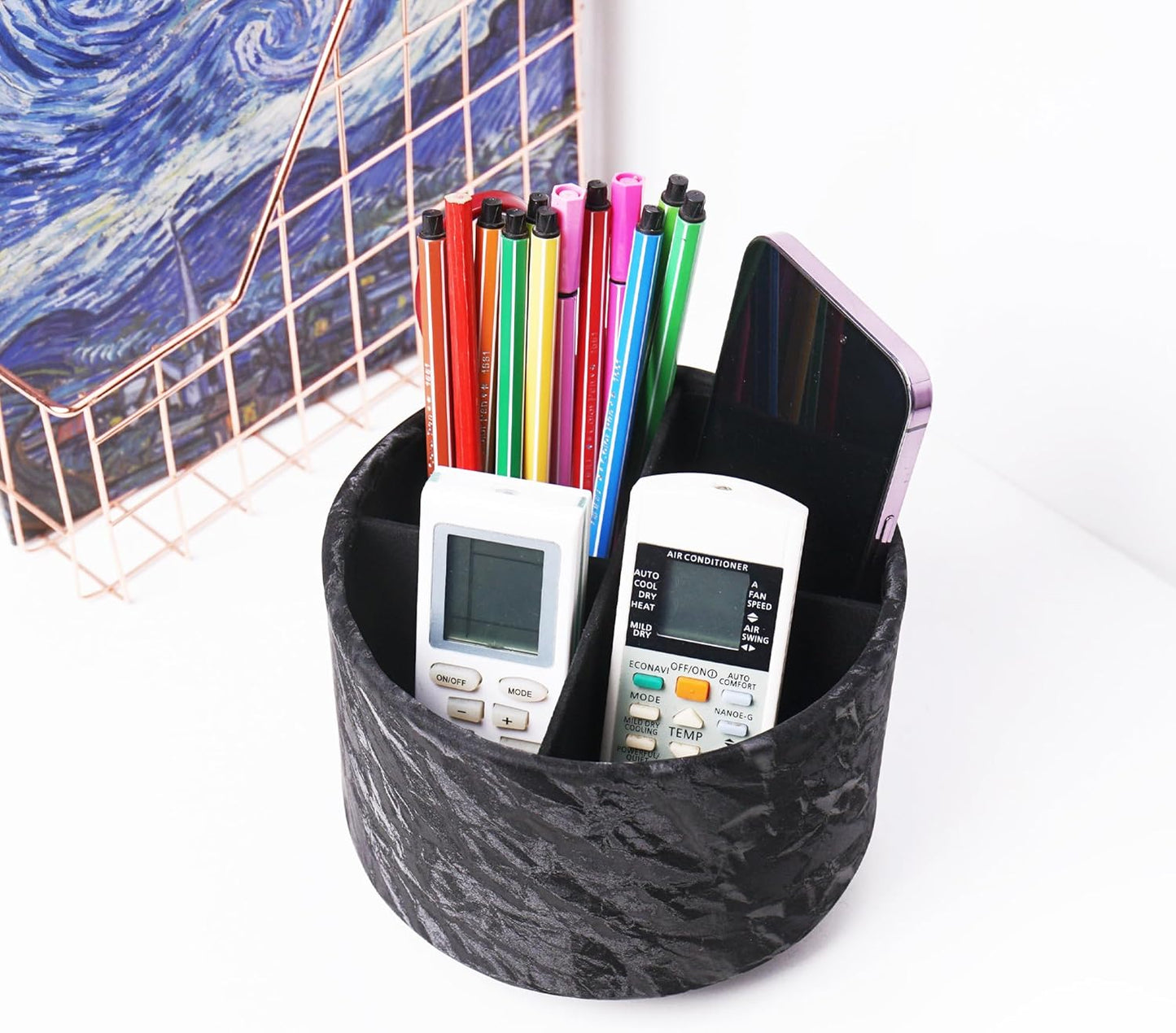 Hennaja Round Leather Art Supply Organizer,Remote Control Holder,360 Degree Rotating,Multi-Functional Pencil Holder,4 Compartments Desktop Stationary Organizer(1-Blue Bird) - Colors B