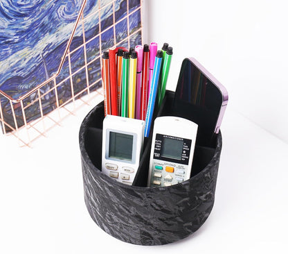 Hennaja Round Leather Art Supply Organizer,Remote Control Holder,360 Degree Rotating,Multi-Functional Pencil Holder,4 Compartments Desktop Stationary Organizer(1-Blue Bird) - Colors B