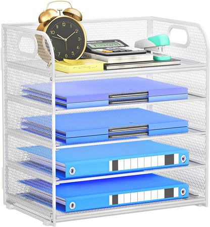 Paper Organizer Letter Tray with Handle, 5-Tier Black Stackable Desk Organizer with Metal Mesh, Sturdy Paper Tray for Office Desk, Home & Classroom Supplies Storage