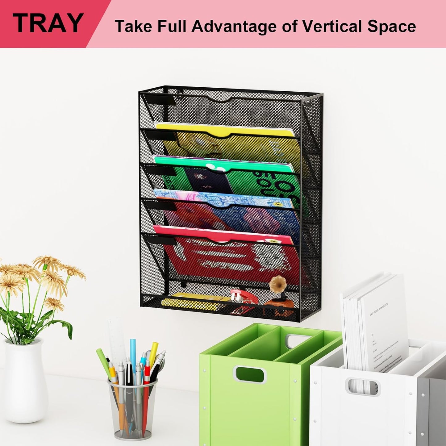 Wall File Organizer Holder Mesh Hanging Paper Document Holder,Vertical 6 Pocket Tier for Office Home, Black