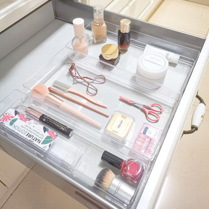 LotFancy Clear Drawer Organizers, 12” x 3” x 2”, Set of 3, Drawer Organizer Trays for Desk, Plastic Storage Bins for Bathroom, Makeup, Utensils, Stackable