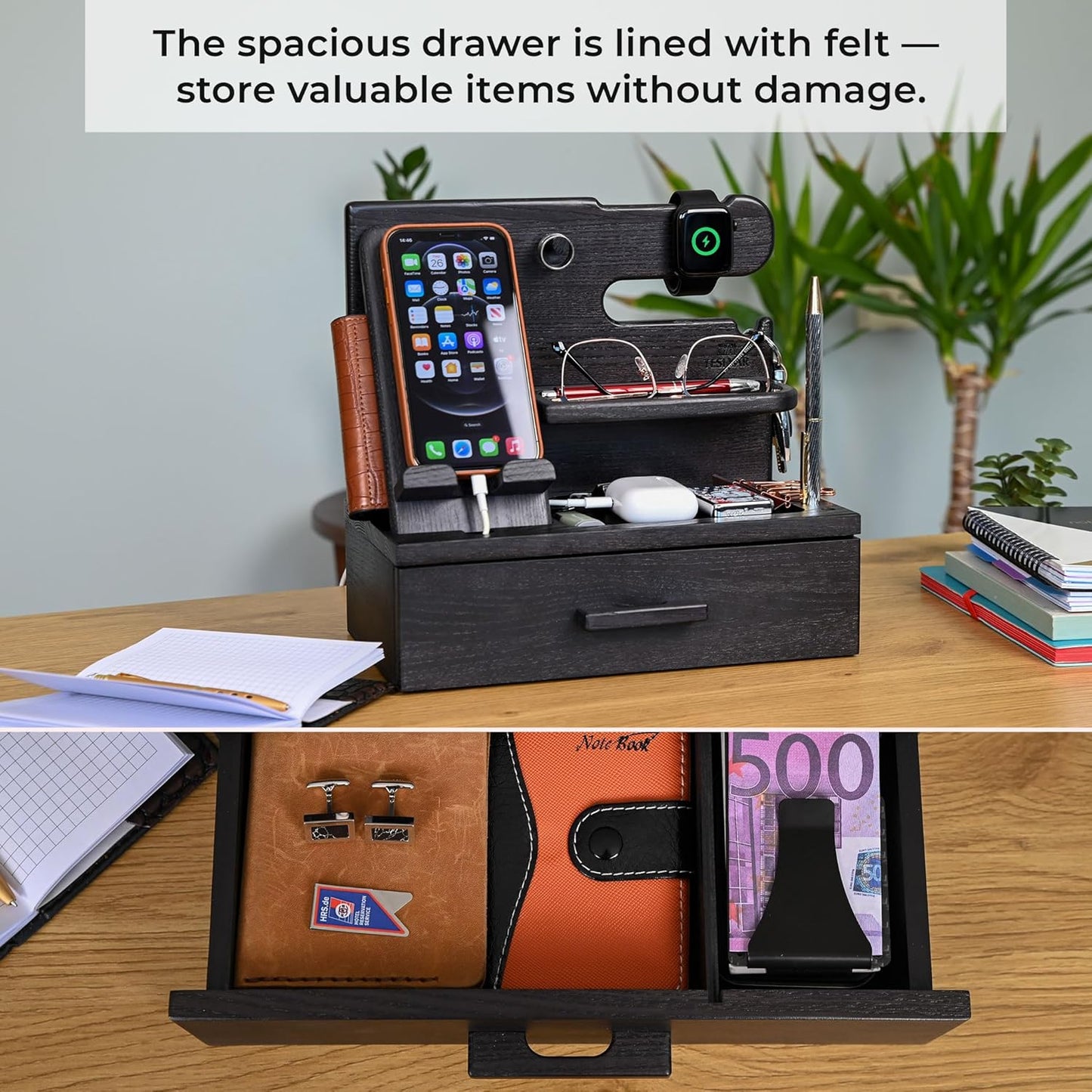 TESLYAR Wood Phone Docking Station with Drawer - Nightstand Organizer - Desk Organizer for Husband - Birthday Gifts for Men, Dad, Anniversary Idea, Key Holder Stand Watch & Accessories (Antique Brown)