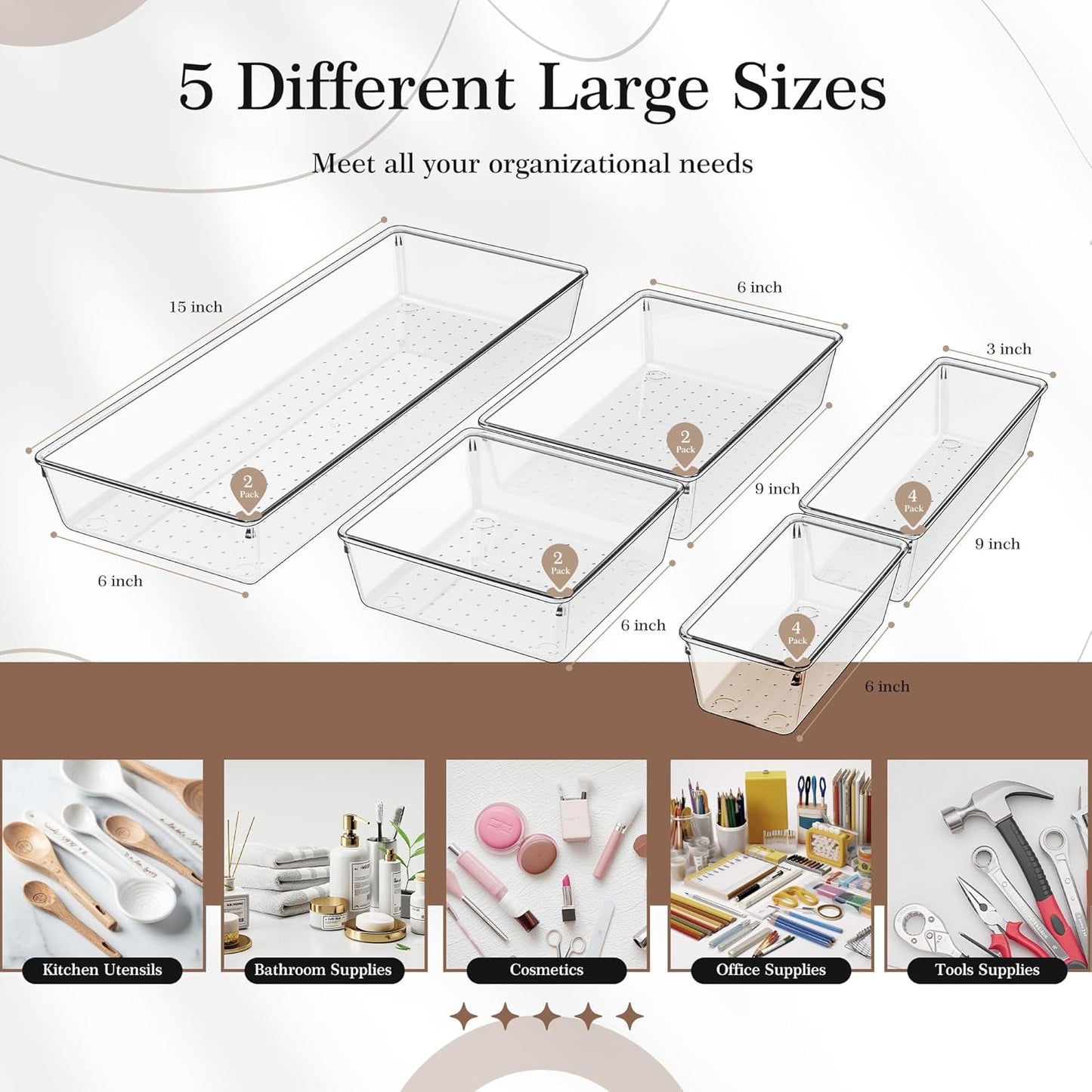 Criusia Drawer Organizer, 10 Pack Large Clear Plastic Set, 3 Size Versatile Bathroom and Vanity Organizer Trays, Storage Bins for Makeup, Bedroom, Kitchen Utensils