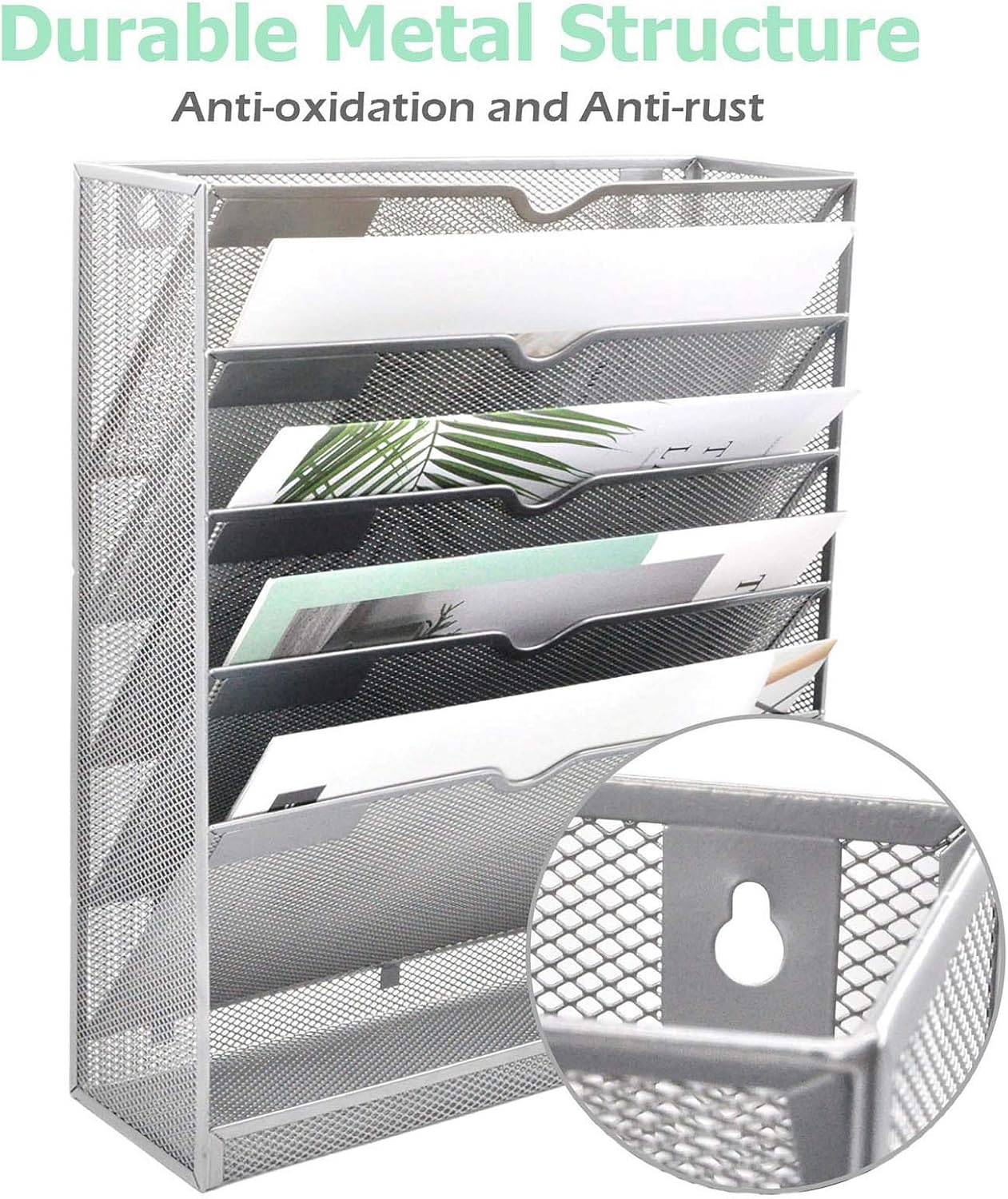 EASEPRES Desk File Organizer Mesh 6-Tier, Hanging Wall Mount Document Organization Stand, Desktop Vertical Mail Paper Folder Holder Rack with Bottom Tray for Office Home Cubicle Countertop, Black