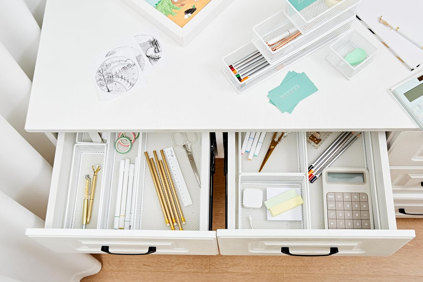 Annova Stackable Mesh Drawer Cabinet and Shelf Organizer Bins Storage Basket School Office Supply Holder Tray- Set of 2 (Gold, 3x3x2 Inch)