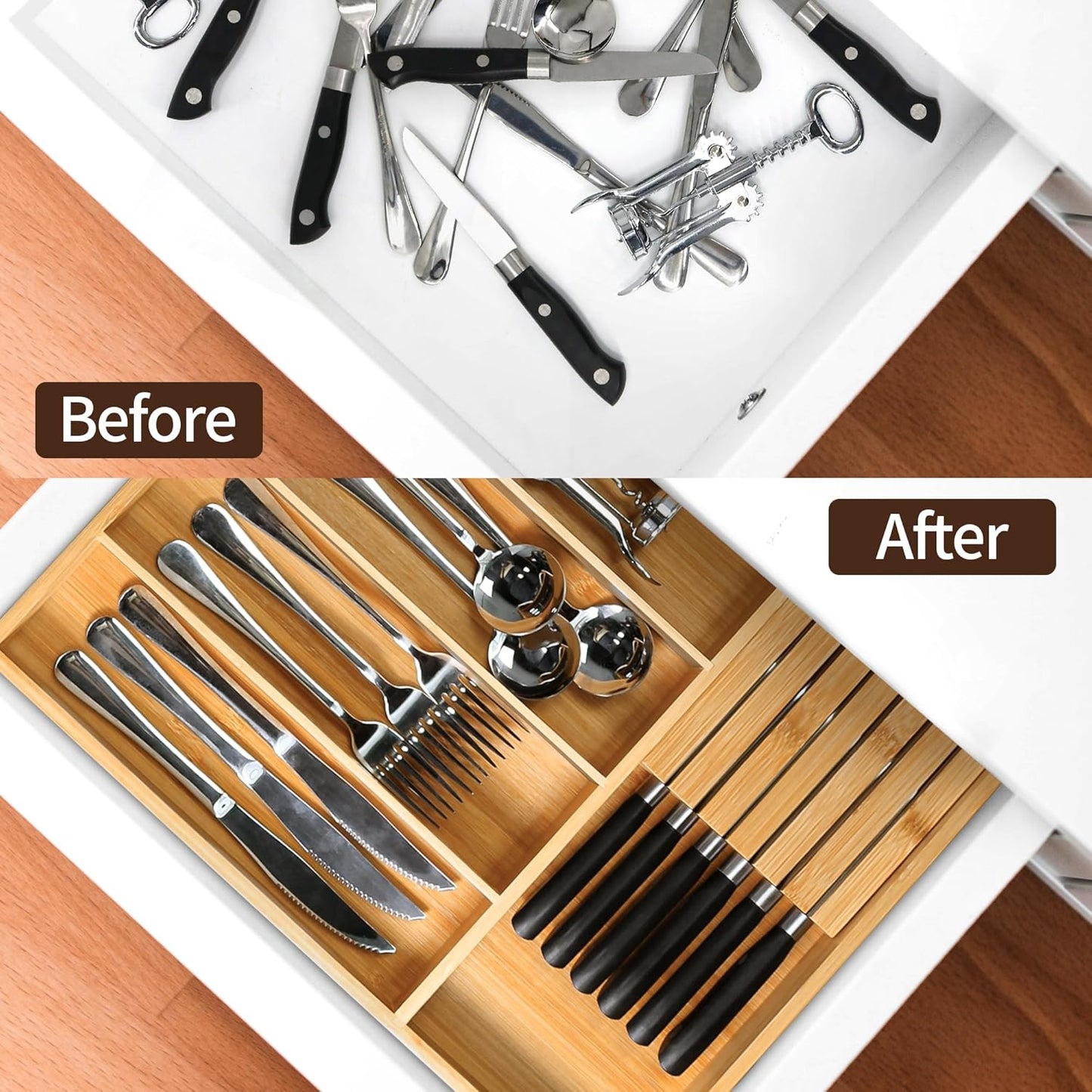 VaeFae Bamboo Silverware Drawer Organizer Kitchen, Expandable Utensil Organizer with Knife Block, Cutlery Tray with Divider, Multifunctional Drawer Organizer