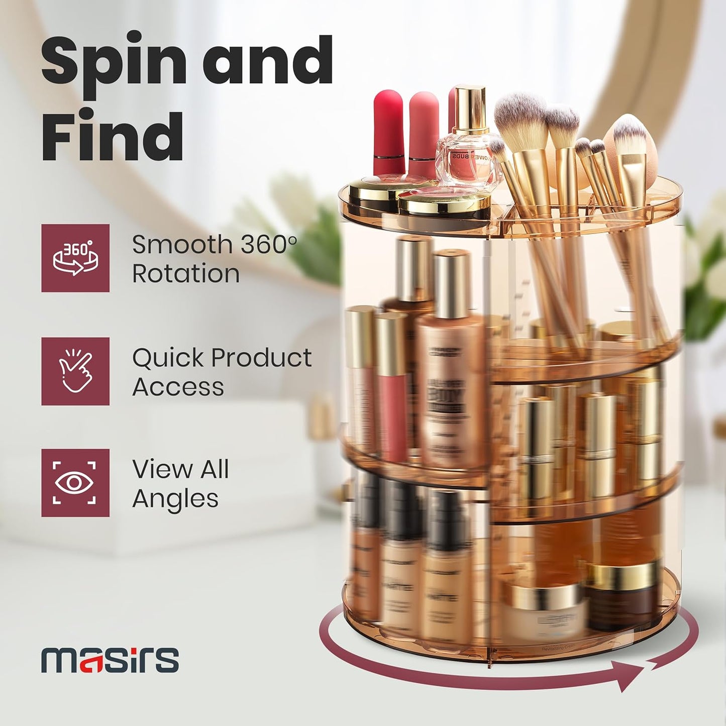 Masirs Small 360 Rotating Makeup Organizer - Mini Yet Spacious Cosmetic Storage Solution with Multiple Compartments - The Perfect Spinning Make-Up Caddy for Vanity or Bathroom Counter (Round - Clear)