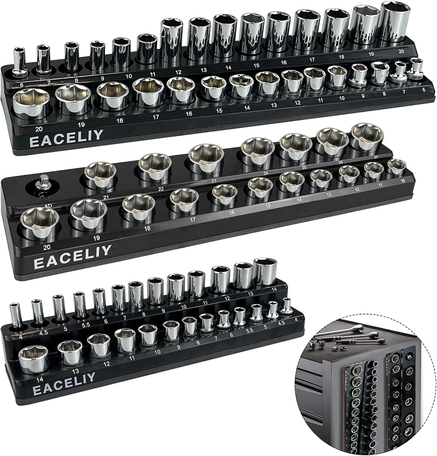 EACELIY 6-Piece Magnetic Socket Organizer Set, 1/2", 1/4" and 3/8" SAE & Metric Deep & Shallow Socket Holder Kit, holds 141 stanard Sockets, attaches to steel box/tool cart (sockets not included)