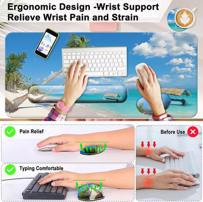 Keyboard Wrist Rest + Mouse Pad with Wrist Support + Desk Mat + Coaster 4 in 1 Set, XXL Large Gaming Mousepad Cute Ergonomic Mouse Pads for Desk Computer Laptop Office Decor-Beach