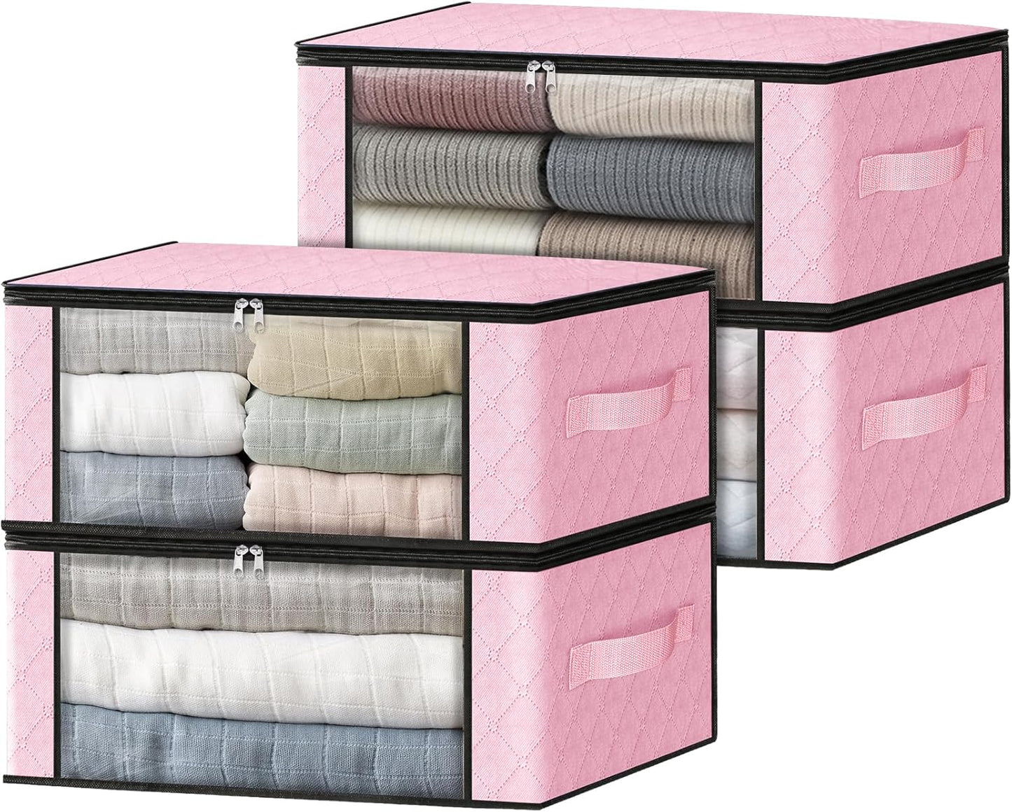 HomeHacks Storage 3-Pack Clothes Organizer Storage Bags Foldable Storage Box with Large Clear Window Sturdy Handles for Closet, Dorm, Pillows, Bedding, Clothes, Blankets, 35L, Gray