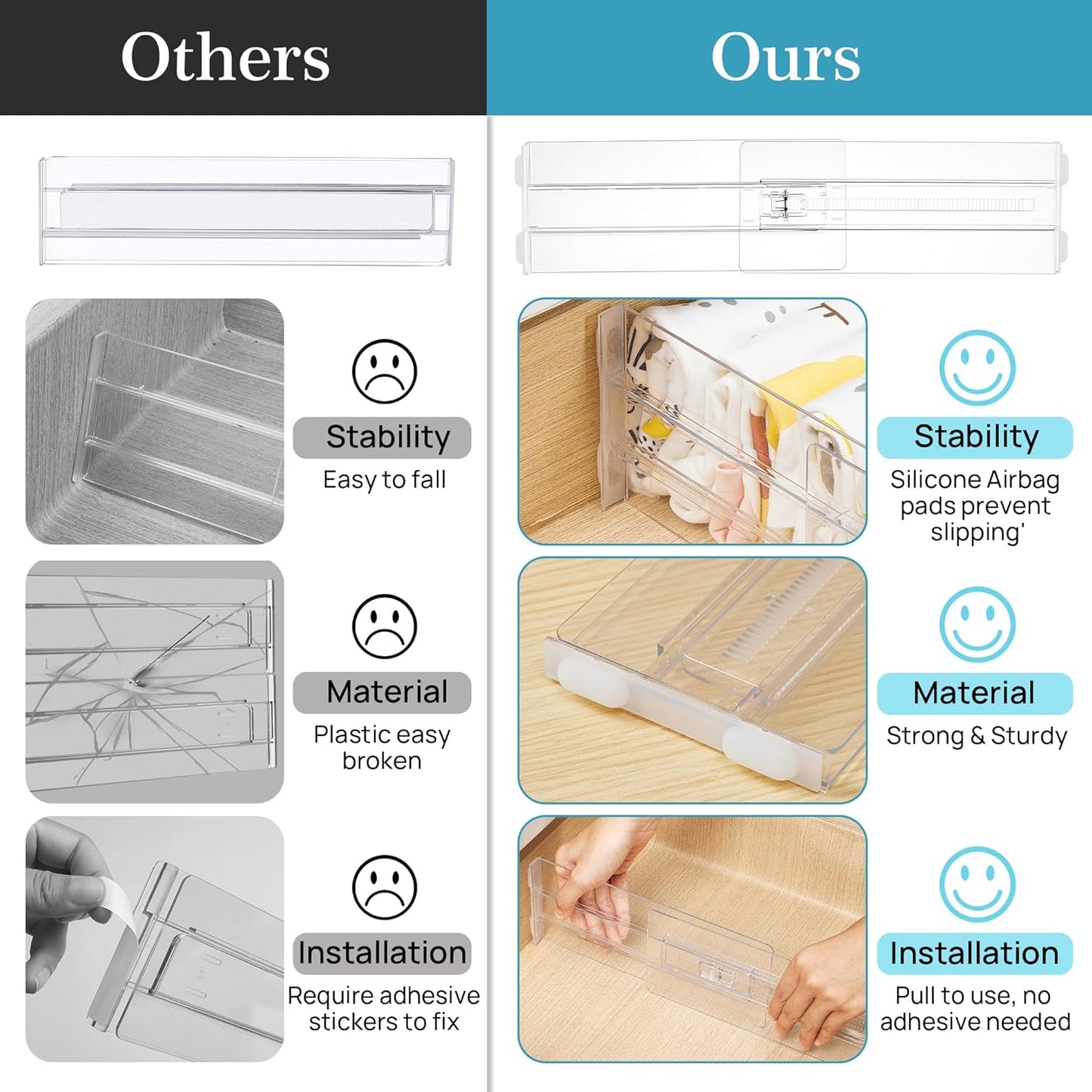Vtopmart 12 Pack Drawer Dividers for Clothes, 4" High 10.2"-16.5" Adjustable Expandable Dresser Drawer Organizer, Clear Plastic Separators for Dresser, Baby Clothing, Underwear, Cosmetic, Toiletries