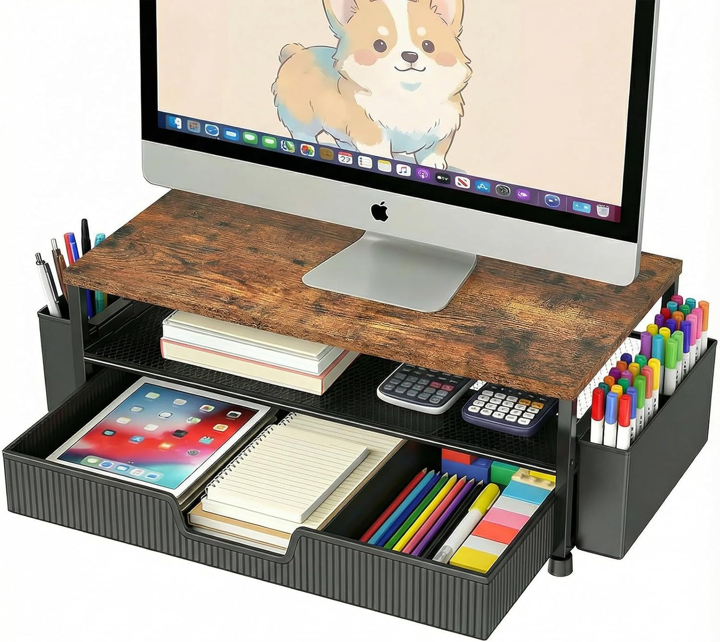 ECOLOVI Desk Organizer and Accessories, 2-Tier Computer Monitor Stand Rise with Storage Drawer & 2 Pen Holders, Laptop & Printer Stand for Desktop, Workspace Organizers for Office Supplies (Blue)