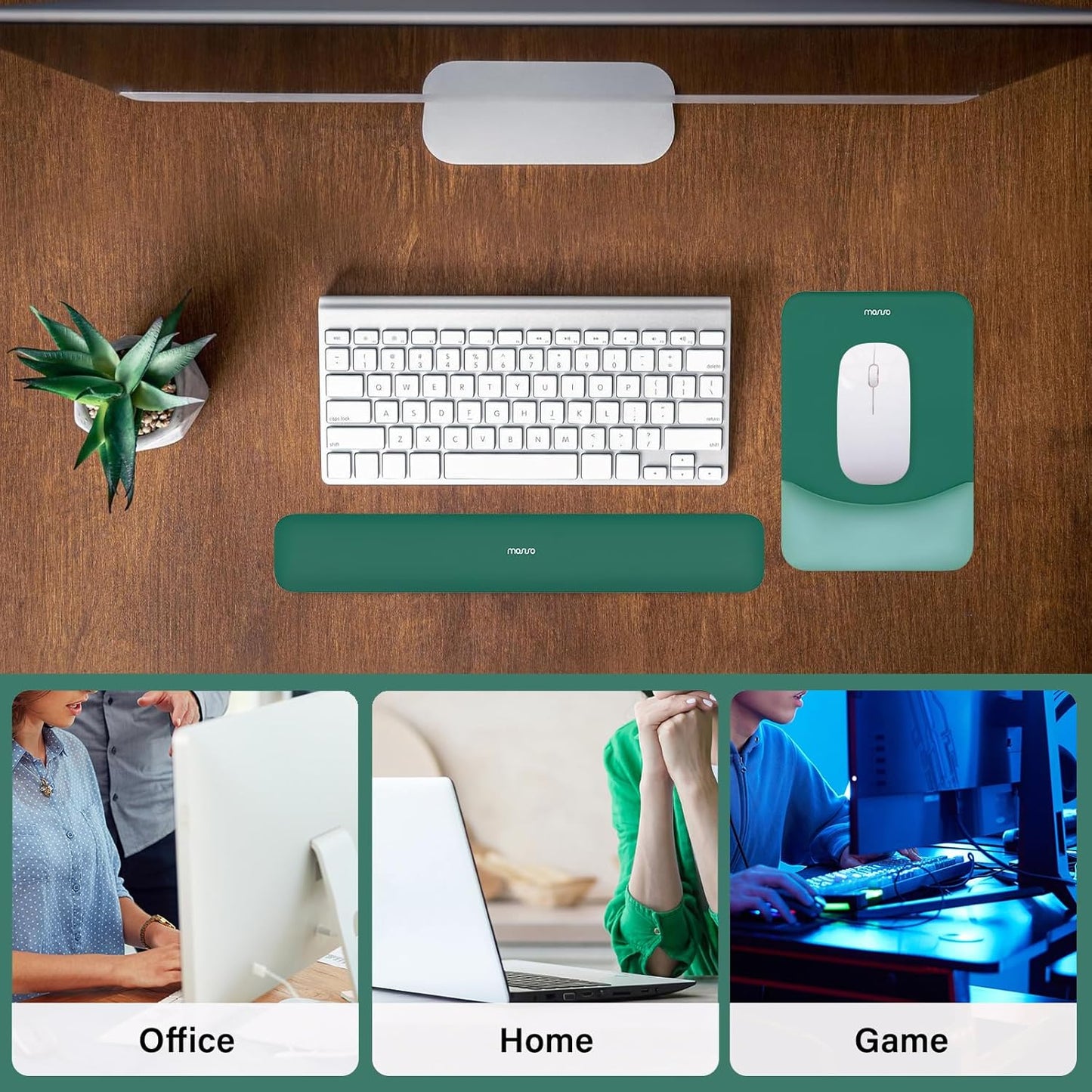 MOSISO Wrist Rest Support for Mouse Pad&Keyboard Set, Rectangular Ergonomic Mousepad Non-Slip Base Home/Office Pain Relief&Easy Typing Pad with Neoprene Cloth&Raised Silicone Lining, Green