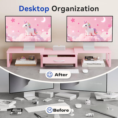 Dual Monitor Stand Riser, Desk Organizers and Accessories with Drawer, Computer Monitor Stands for Desk, Adjustable Desktop Shelf for PC Laptop Printer TV, Black
