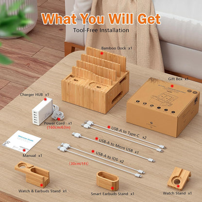 Pezin & Hulin Multiple USB Charging Station, Wooden Bamboo Dock Station for Cell Phones, Tablets, Earpods and Smart Watch, Including Power Charger HUB, 5 Cables -Natural Bamboo
