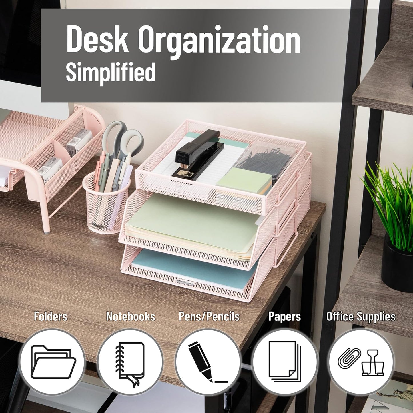 Mind Reader 2 Tier Paper Tray with Top Supply Compartment, Desktop File Organizer, Metal Mesh, Black