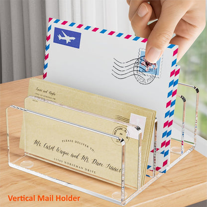 FUCDTEFC Desk Mail Organizer, 2 Section Clear Acrylic File Holder Letter Organizer, Vertical Lightweight Modern Envelope Holder Desk Accessories & Workspace Organizers for Office, Home, School