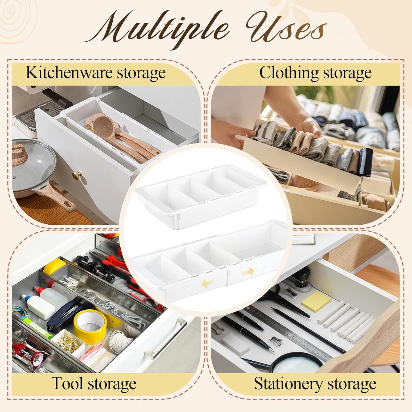 3 Pcs Expandable Drawer Organizer Bins Adjustable Deep Drawer Hanging Organizer Tray Expandable 11.4 to 18.1 Inches Plastic Dividers Storage for Office Bathroom Bedroom Kitchen Desk, White