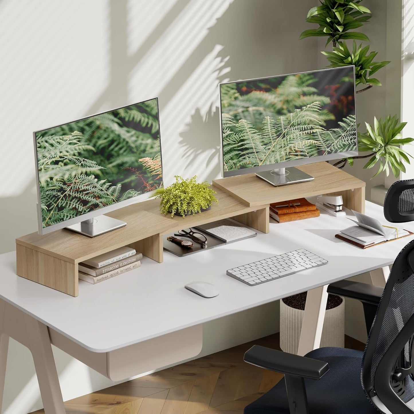 FITUEYES Dual Monitor Stand – 3 Shelf Computer Monitor Riser, Wood Desktop Stand with Adjustable Length and Angle, Desk Accessories, Office Supplies Medium Black,DT108001WB