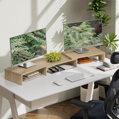 FITUEYES Dual Monitor Stand – 3 Shelf Computer Monitor Riser, Wood Desktop Stand with Adjustable Length and Angle, Desk Accessories, Office Supplies Medium Black,DT108001WB