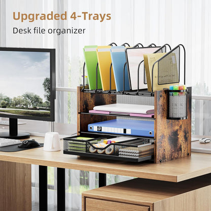Marbrasse Desk Organizer with Drawer, 4-Tier Mesh File Organizer with 5 Vertical File Holders and 2 Pen Holders, Multifunction Desktop Organizer,Desk Organizers and Accessories for Home Office