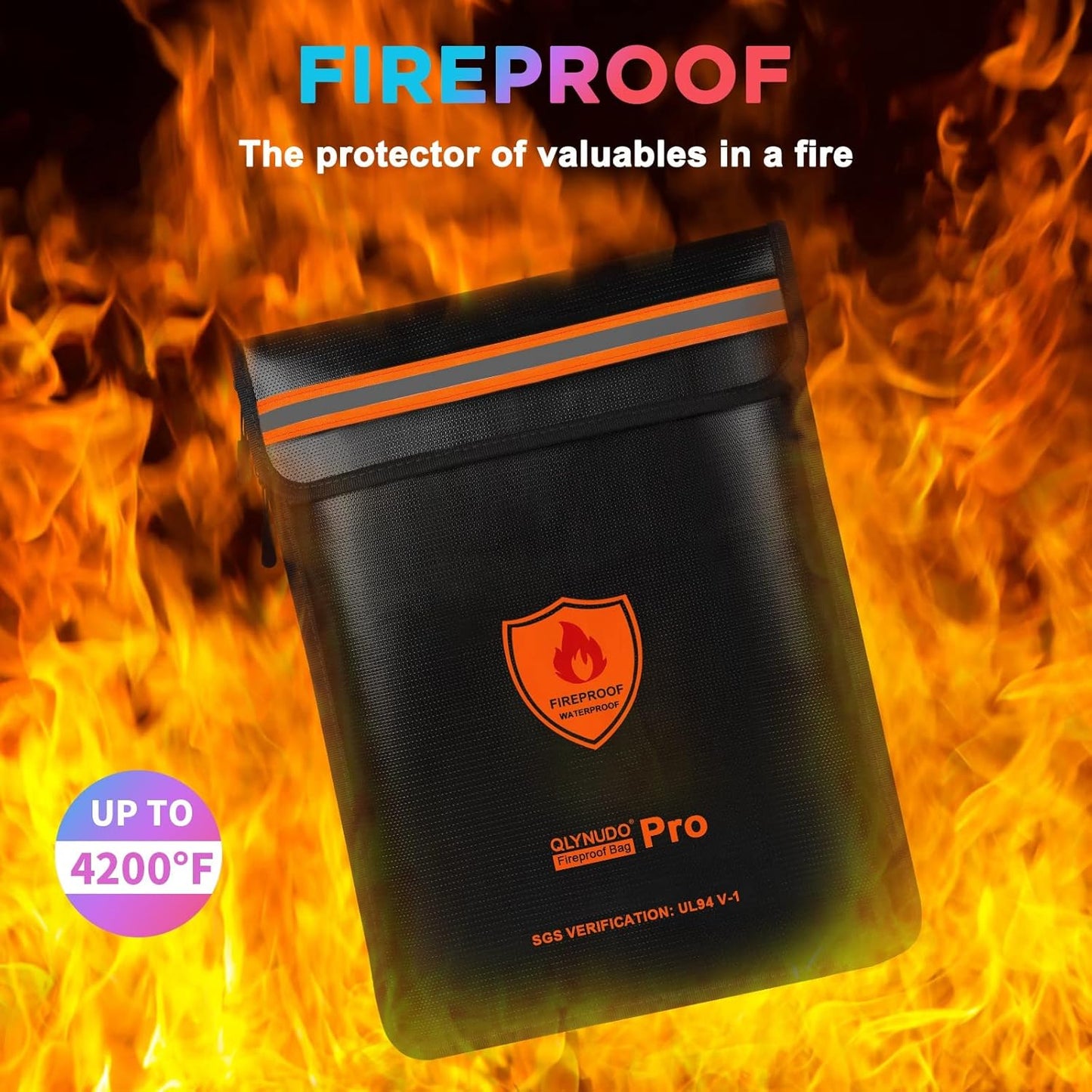 Fireproof Document Bag - Waterproof Fireproof Money Bag with Zipper for Cash/Important Documents/Valuables (Seal Protection), 15x11" (A4 Size), Fire Safe Envelope Bag with Reflective Strip
