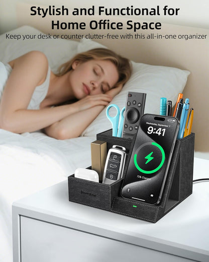 Wireless Charger with Desk Organizer, Pen Pencil Holder, Multifunctional Desktop Organizer, Office Supplies and Desk Accessories Organizer with 3 Compartments and 1 Phone Stand