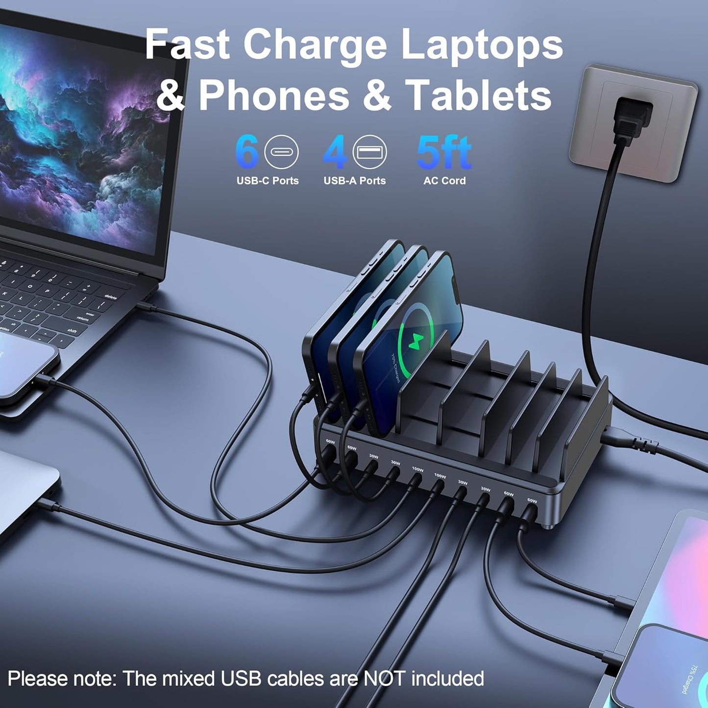 chipofy 500W Charging Station for Multiple Devices, 10-Port Multi USB C Fast Charger Station with Organizer Stand for MacBook Laptop, iPad, iPhone 17 16 Pro Max, Galaxy S25/S24 and More