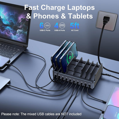 chipofy 500W Charging Station for Multiple Devices, 10-Port Multi USB C Fast Charger Station with Organizer Stand for MacBook Laptop, iPad, iPhone 17 16 Pro Max, Galaxy S25/S24 and More