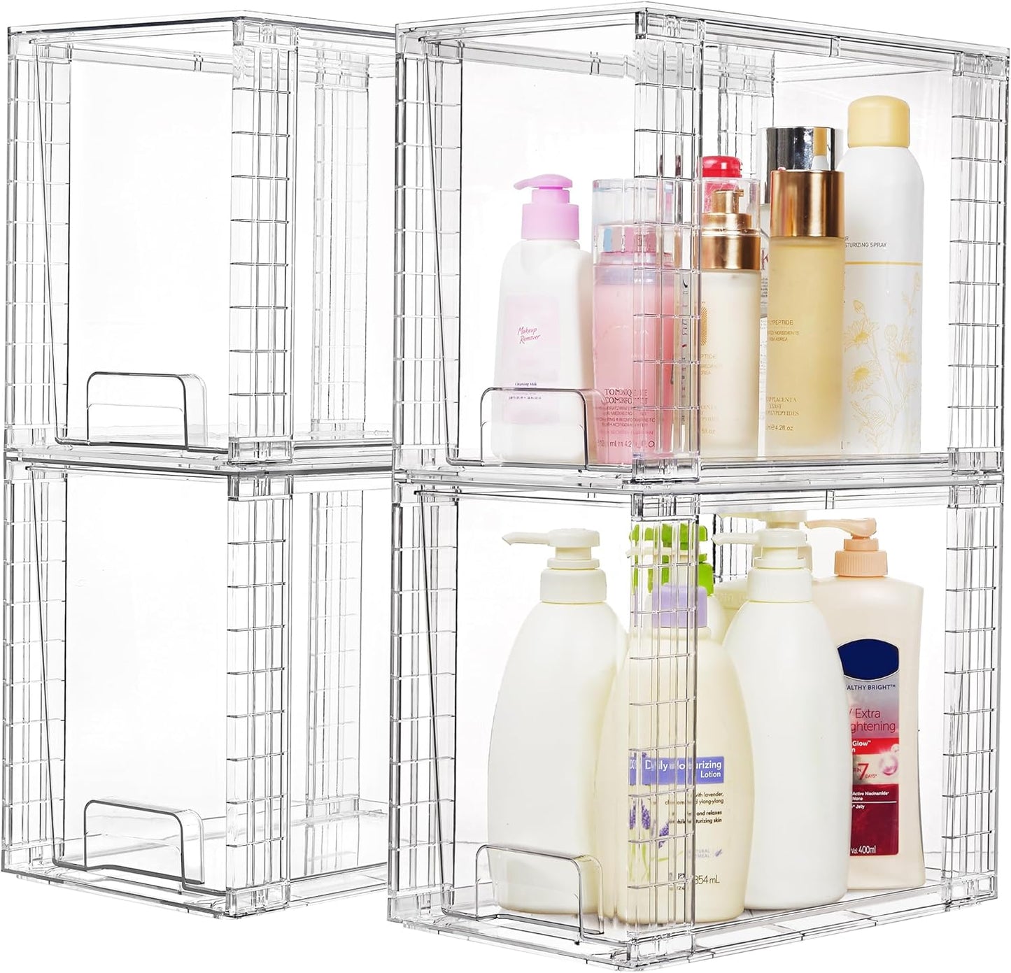 Vtopmart 4 Pack Stackable Storage Drawers,Clear Acrylic Drawer Organizers with Handles, Easily Assemble for Fridge, Bathroom,Kitchen Undersink,Cabinet,Pantry Organization and Storage