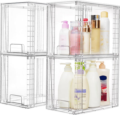 Vtopmart 4 Pack Stackable Storage Drawers,Clear Acrylic Drawer Organizers with Handles, Easily Assemble for Fridge, Bathroom,Kitchen Undersink,Cabinet,Pantry Organization and Storage