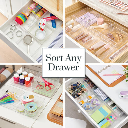 STORi SimpleSort 3-Piece Stackable Clear Drawer Organizer Set | 9" x 6" x 2" Rectangle Trays | Wide Makeup Vanity Storage Bins and Office Desk Drawer Dividers | Made in USA