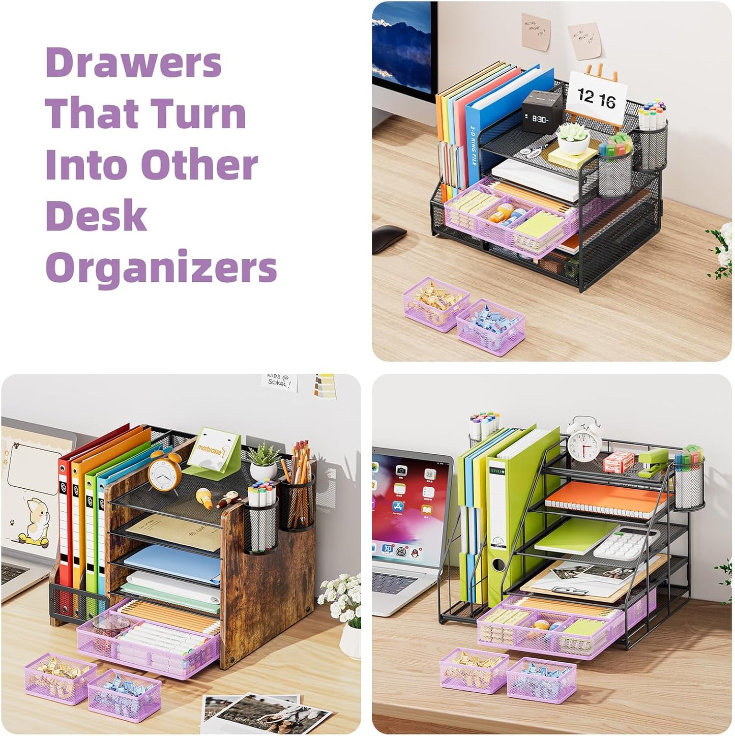 Marbrasse 3 Packs Desk Drawer Organizers, Metal Mesh Dividers Desk Drawer Organizer Tray with 9 Adjustable Compartments, Pen Organizer for Drawer Tray Box Accessories for Desktop,Kitchen, Makeup