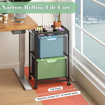 Rolling File Cart with 3 Storage Drawers, Under Desk Filing Cabinet with DIY Divider, Hanging File Folder Organizer on Wheels, Fits A4/Letter Size, Metal Utility Cart for Home Office, Black