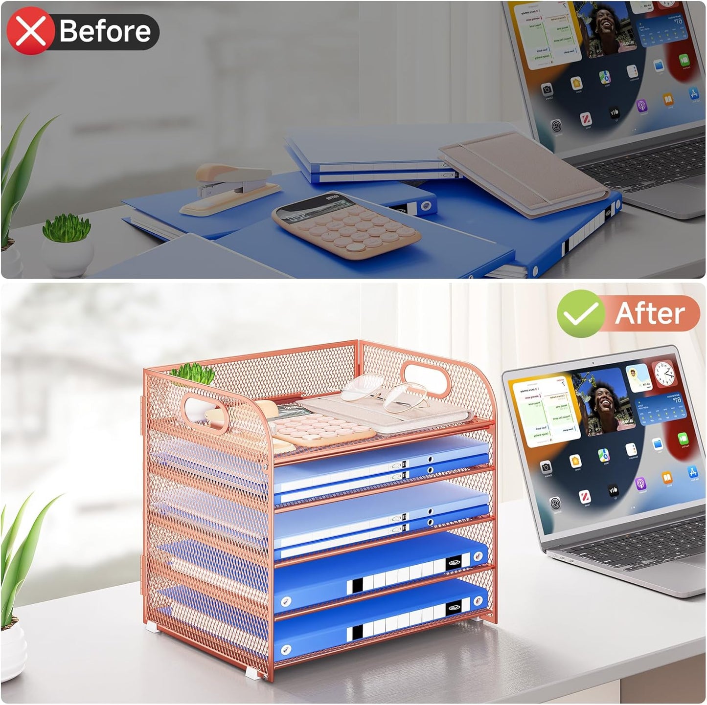Paper Organizer Letter Tray with Handle, 5-Tier Black Stackable Desk Organizer with Metal Mesh, Sturdy Paper Tray for Office Desk, Home & Classroom Supplies Storage
