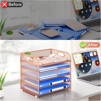 Paper Organizer Letter Tray with Handle, 5-Tier Black Stackable Desk Organizer with Metal Mesh, Sturdy Paper Tray for Office Desk, Home & Classroom Supplies Storage