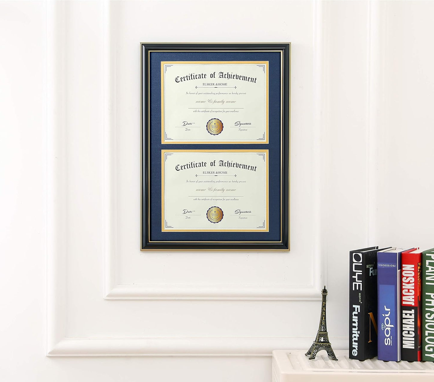 ELSKER&HOME Diploma Frame - Wide Solid Wood Frame - Black Velvet Golden Rim Mat - Semi-Tempered Glass - Includes Hanging Hardware and Desktop Easel(ONLY Display 11×14 Document/Certificate)