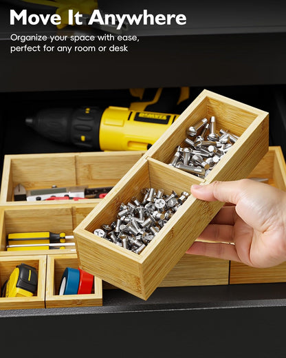 Bamboo Drawer Organizer with 9 Adjustable Compartments, Office Desk Organization Tray for Office Utensils, Supplies, Makeup, Jewelry, and More – Ideal for Desk or Drawer Storage