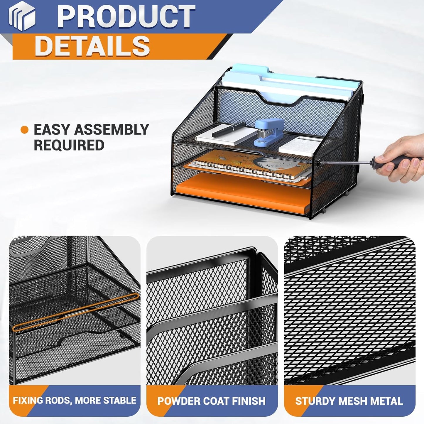 GAWERK Letter Tray Organizer, Mesh Desk File Organizer with 3 Paper Trays and 2 Vertical Upright Section, Blank