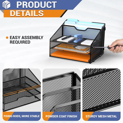 GAWERK Letter Tray Organizer, Mesh Desk File Organizer with 3 Paper Trays and 2 Vertical Upright Section, Blank