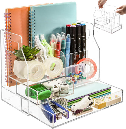 Cididu Acrylic Desk Organizer, Clear Desktop Storage with 2 Drawers for Office Supplies, Pen Holder, Stationery Caddy, Makeup Brushes, 7 Compartments Aesthetic Transparent Organizer for Home School