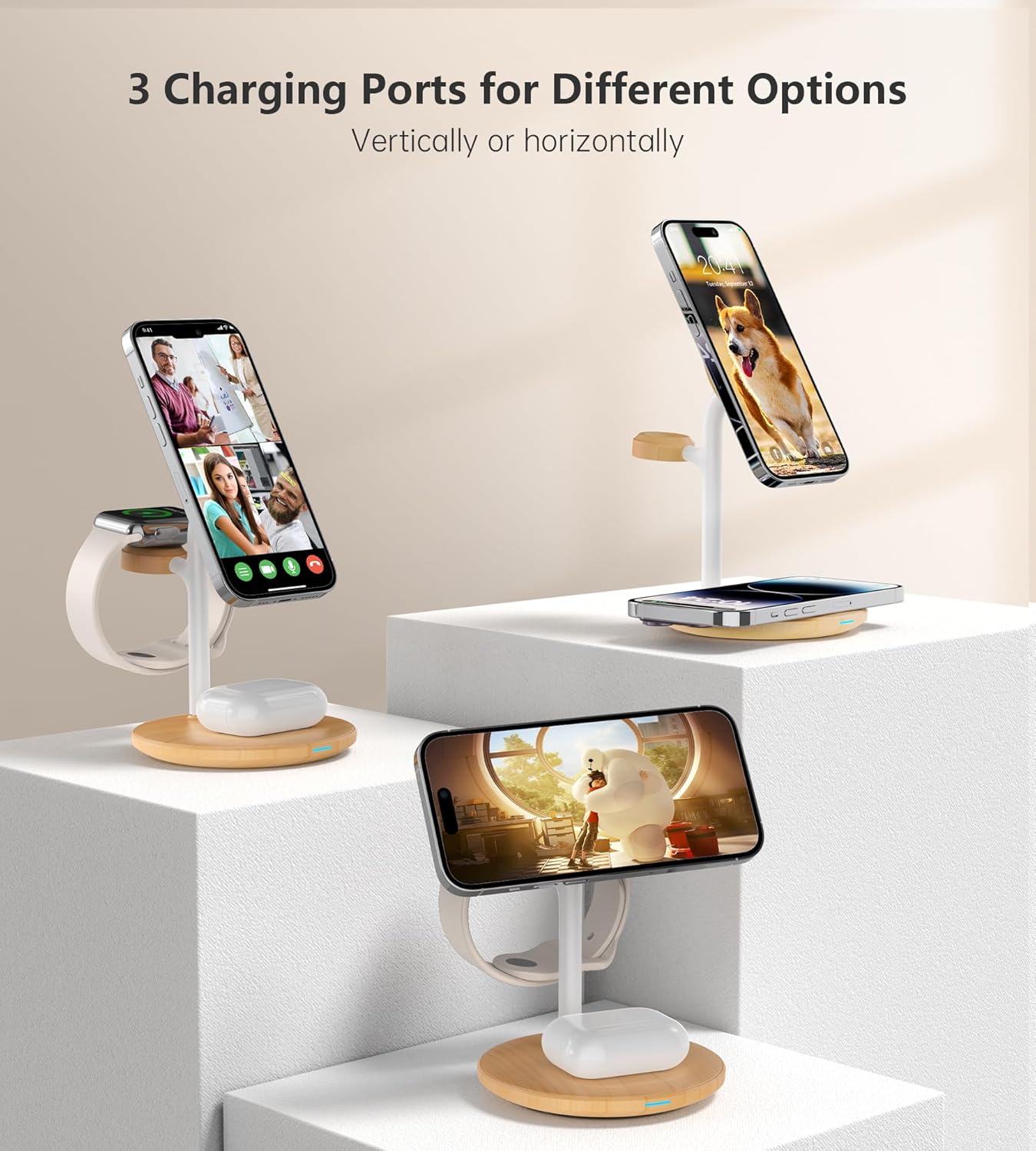 XooFly 3 in 1 Wireless Charging Station for Apple Devices, Fast Wireless Mag-Safe Charger Stand with 20W Adapter for iPhone 17 16 15 14 13 12 Pro Max/Air/Plus/Pro,iWatch,AirPods-Gift for Wife&Husband