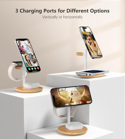 XooFly 3 in 1 Wireless Charging Station for Apple Devices, Fast Wireless Mag-Safe Charger Stand with 20W Adapter for iPhone 17 16 15 14 13 12 Pro Max/Air/Plus/Pro,iWatch,AirPods-Gift for Wife&Husband